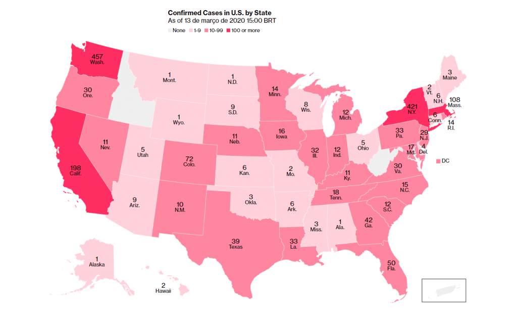 O avanço do vírus pelos Estados Unidos.