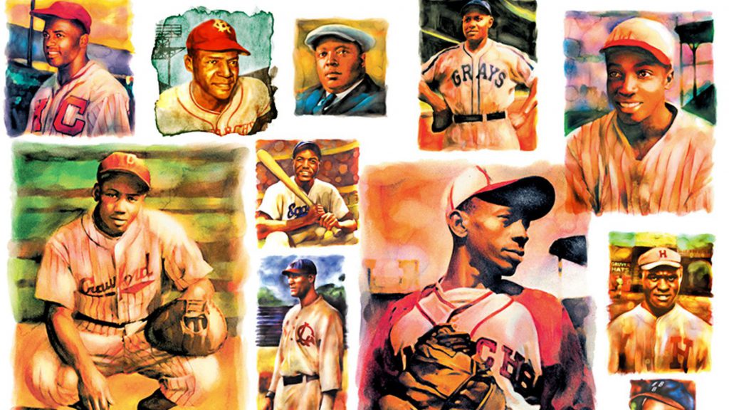Ilustração linda, mostrando as grandes caras das Negro Leagues.