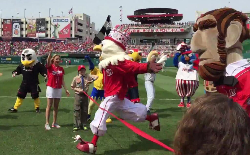 Screech, o mascote oficial do Washington Nationals, ganhando a corrida presidencial.